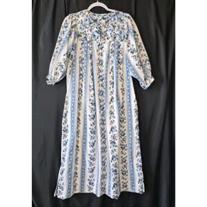 Vintage Womens Ruth Norman Blue White Floral Striped Kaftan Dress Small